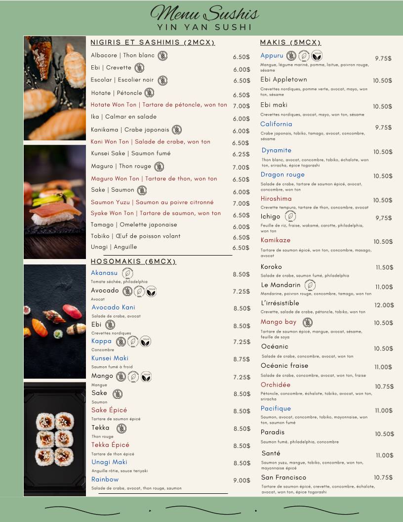 Menu de Yin Yan Sushi