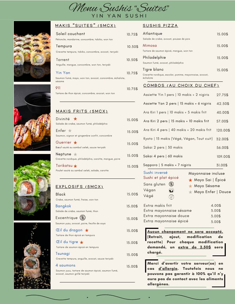 Menu de Yin Yan Sushi
