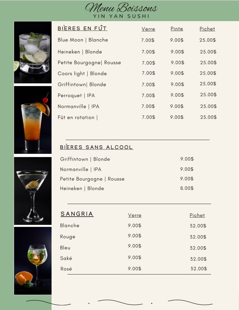 Menu de Yin Yan Sushi