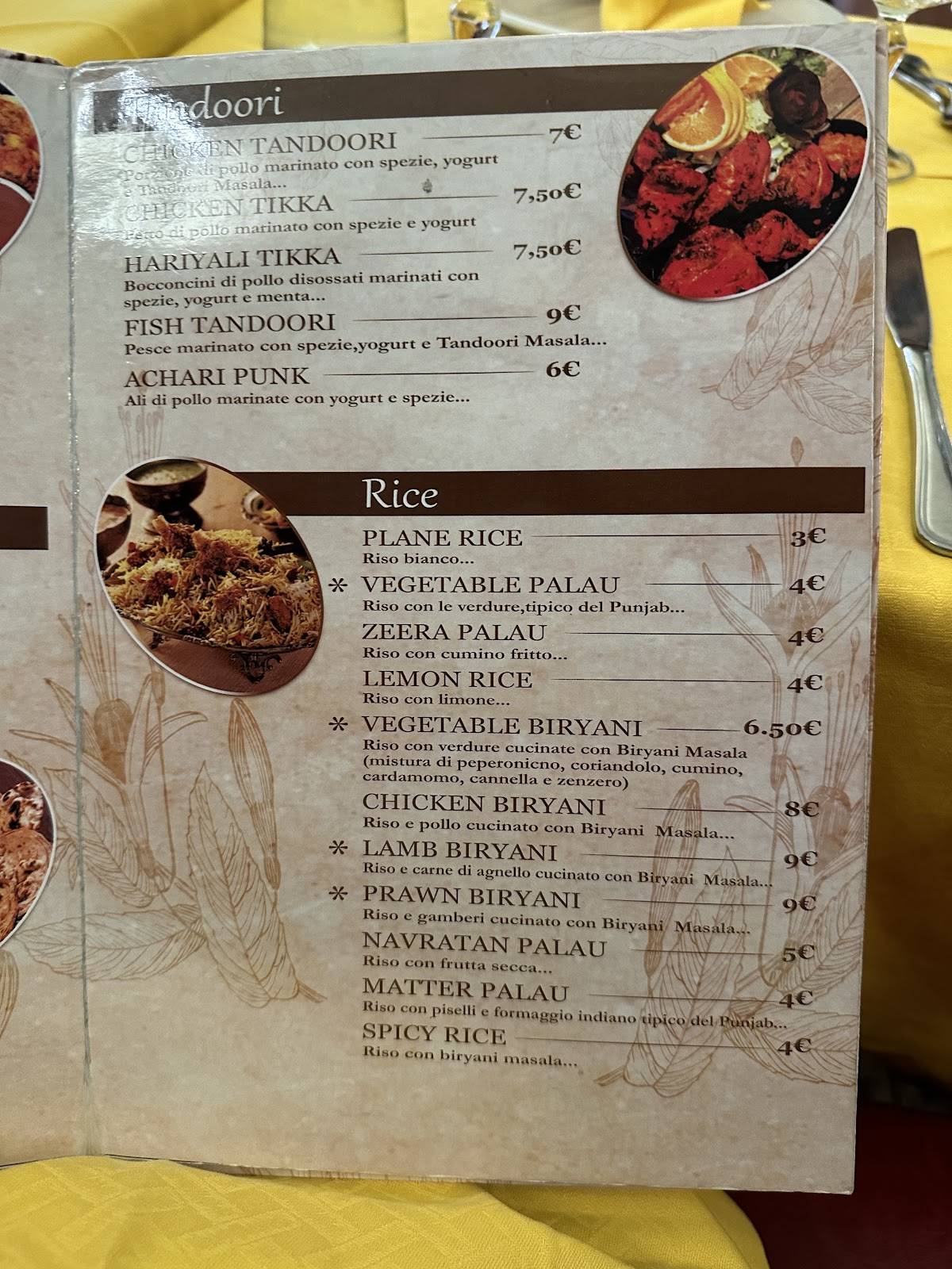 Menu di Yoga Ristorante indiano Trieste 