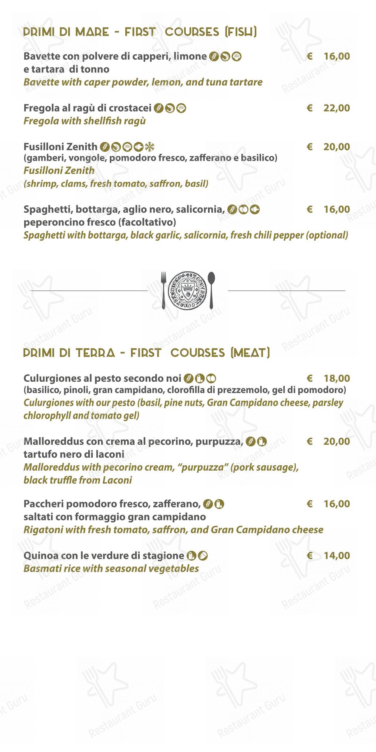 Menu di Zenith Ristorante Pizzeria Enoteco - Menu bar
