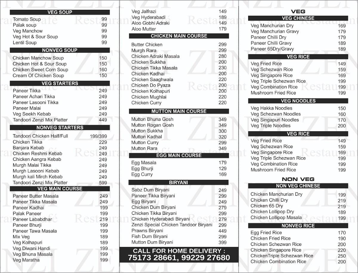 ZENZI Restaurant Cafe menu