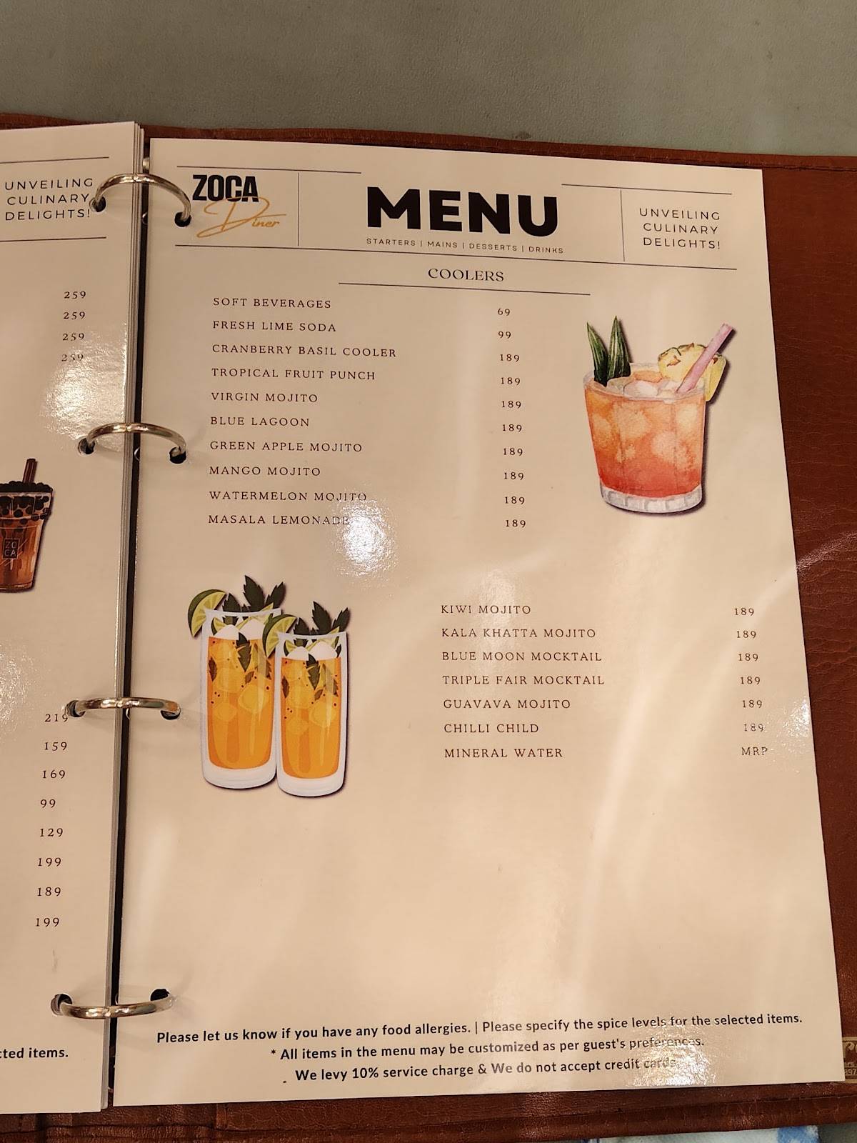 ZOCA Diner menu