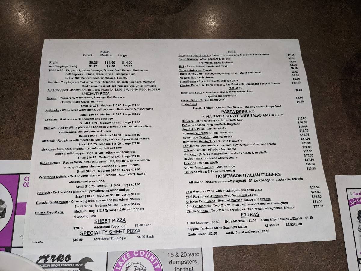 Menu at Zappitelli's Pizza, Pasta & Parm pizzeria, Mentor