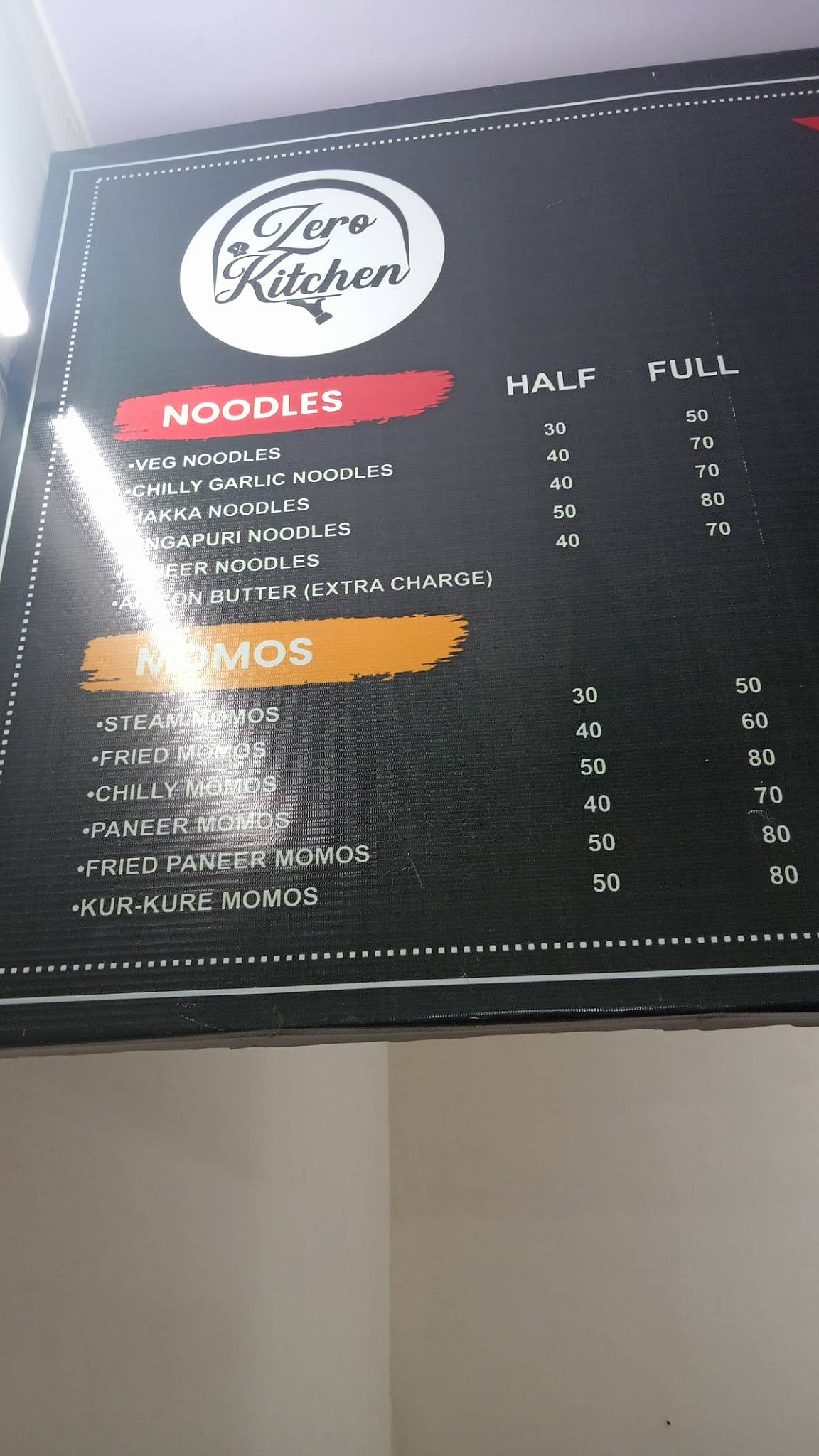 Zero kitchen menu