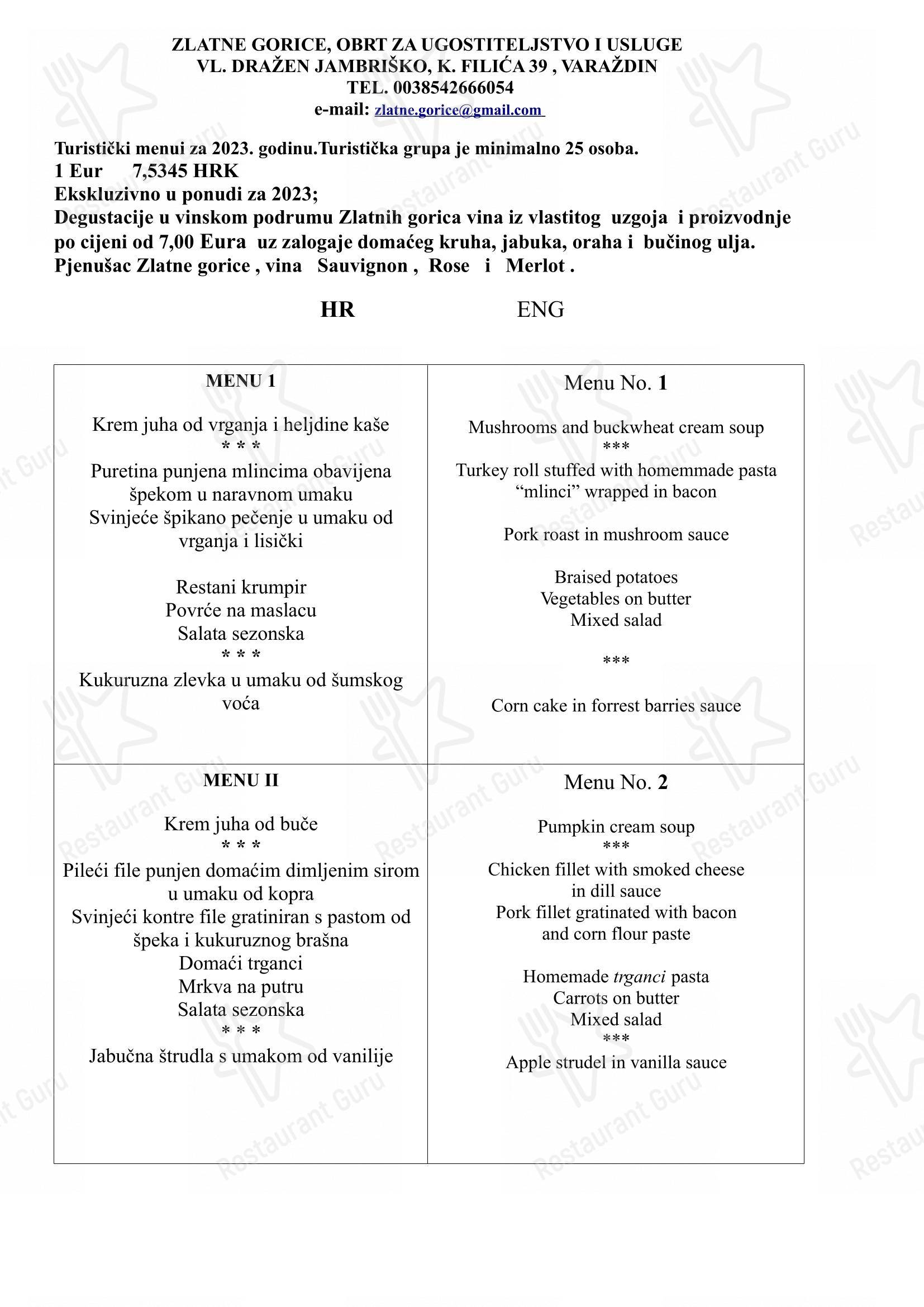 Zlatne Gorice in Varaždin Breg - Основное меню