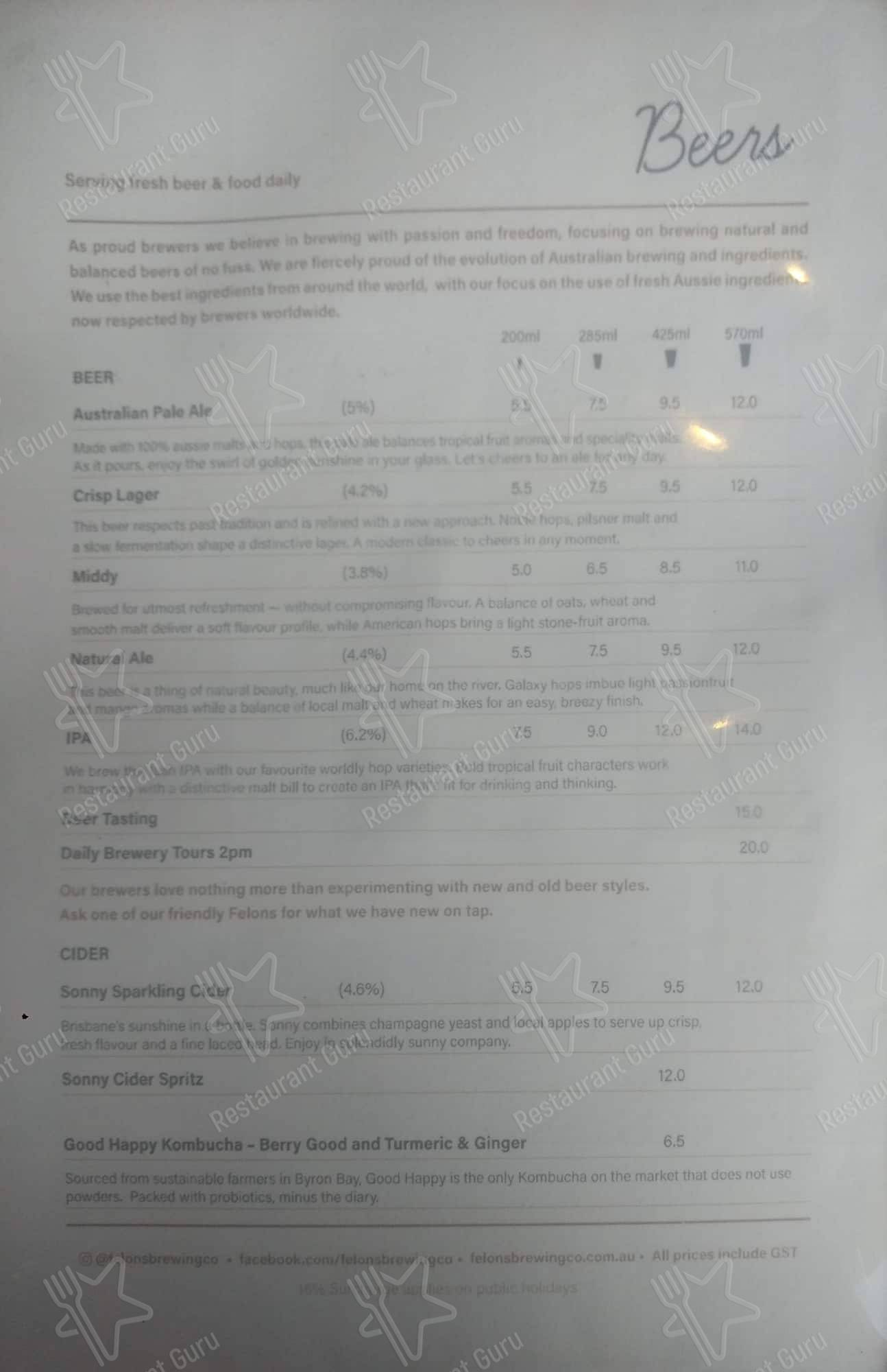 Menu at Felons Brewing Co. pub & bar, Brisbane City