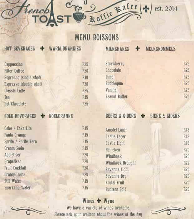 Menu at French Toast Koffie Kafee cafe, Hartbeespoort