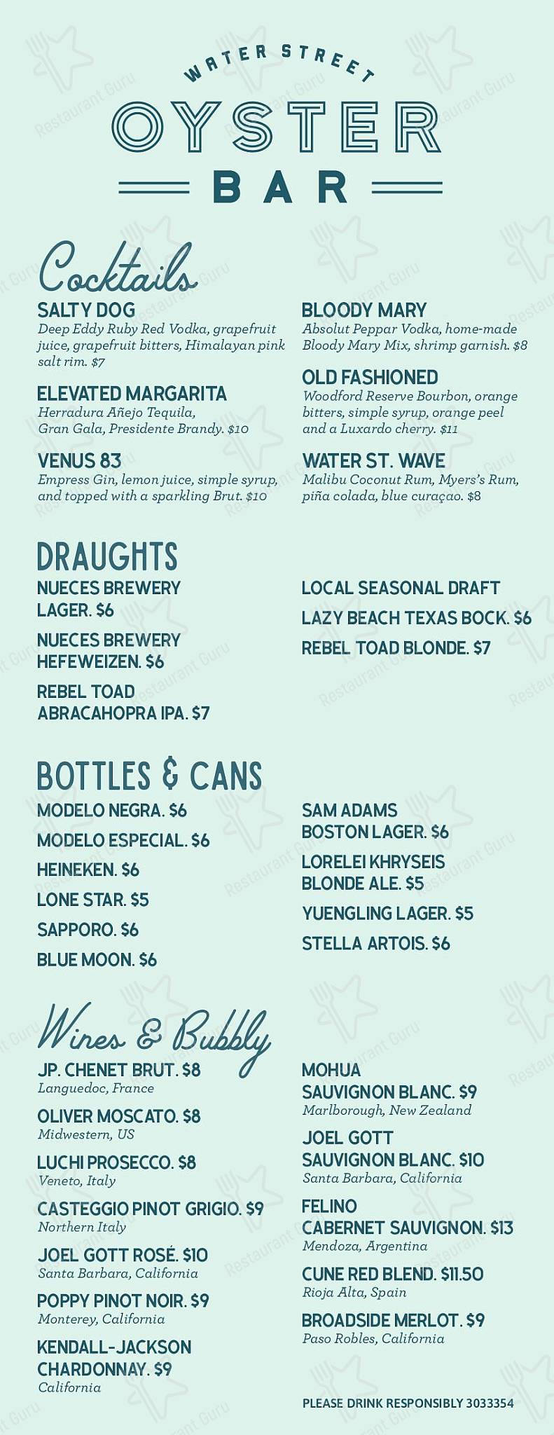 Menu at Water Street Oyster Bar, Corpus Christi