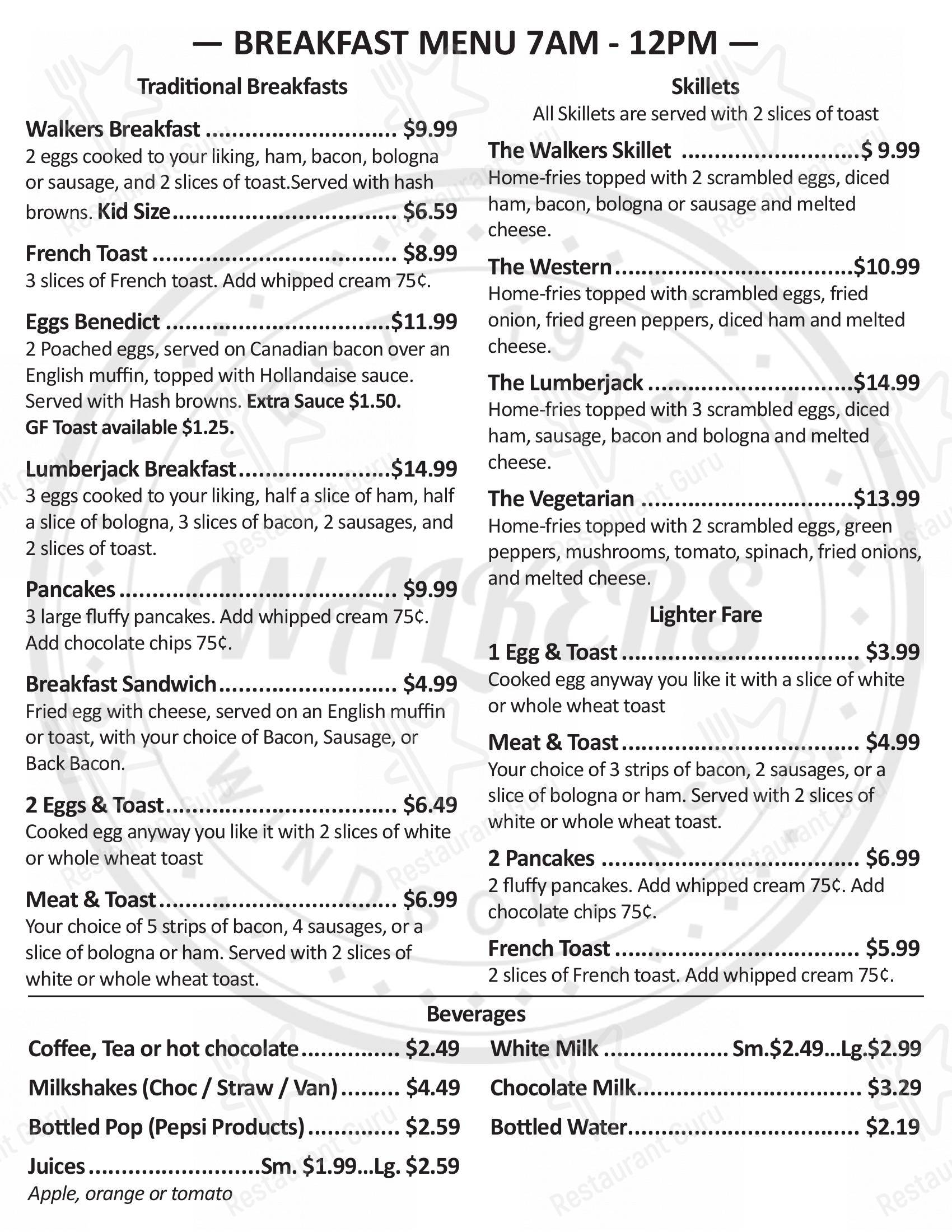 Menu at Walkers Restaurant, Windsor