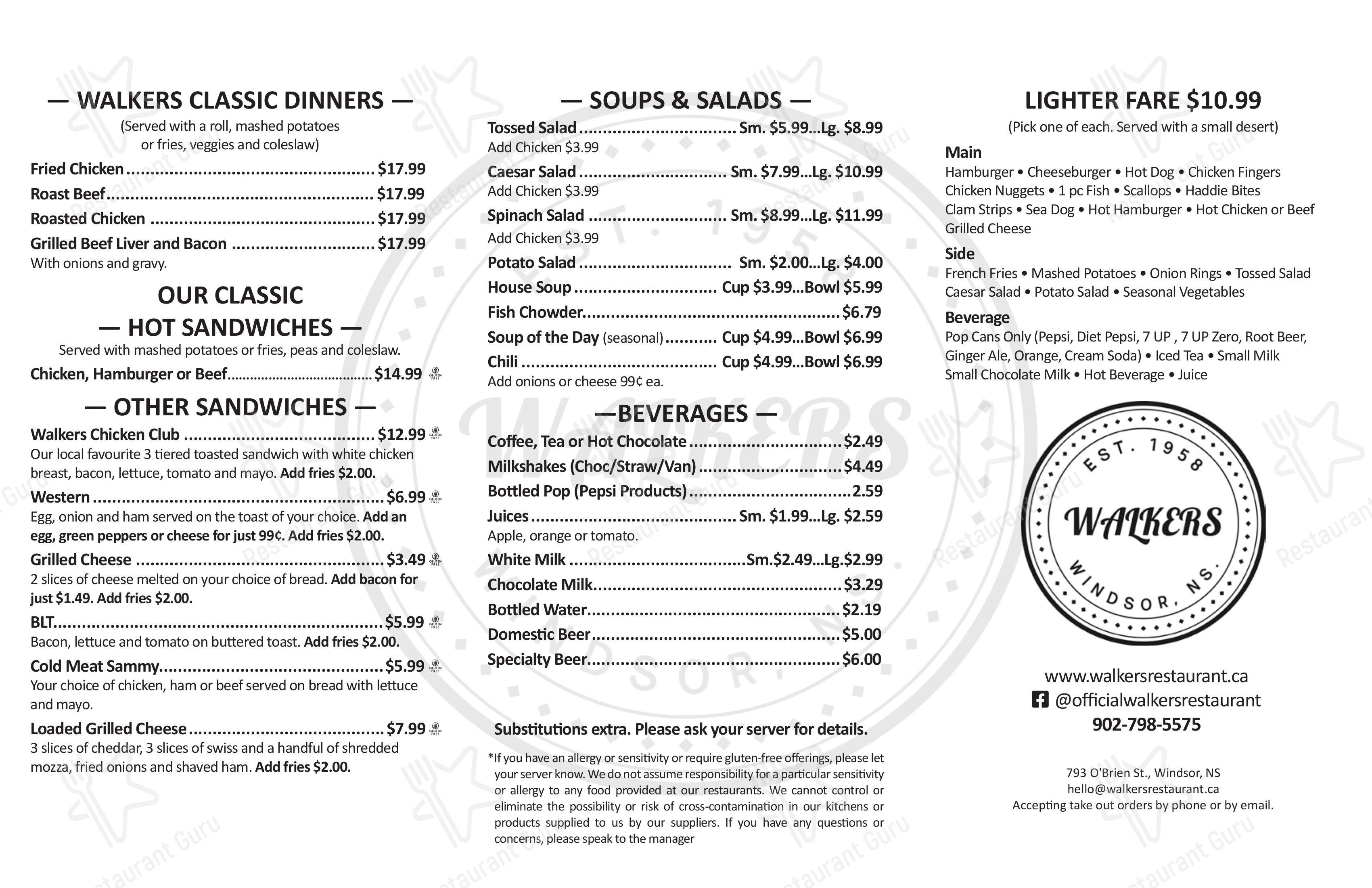 Carta de Walkers Restaurant, Windsor