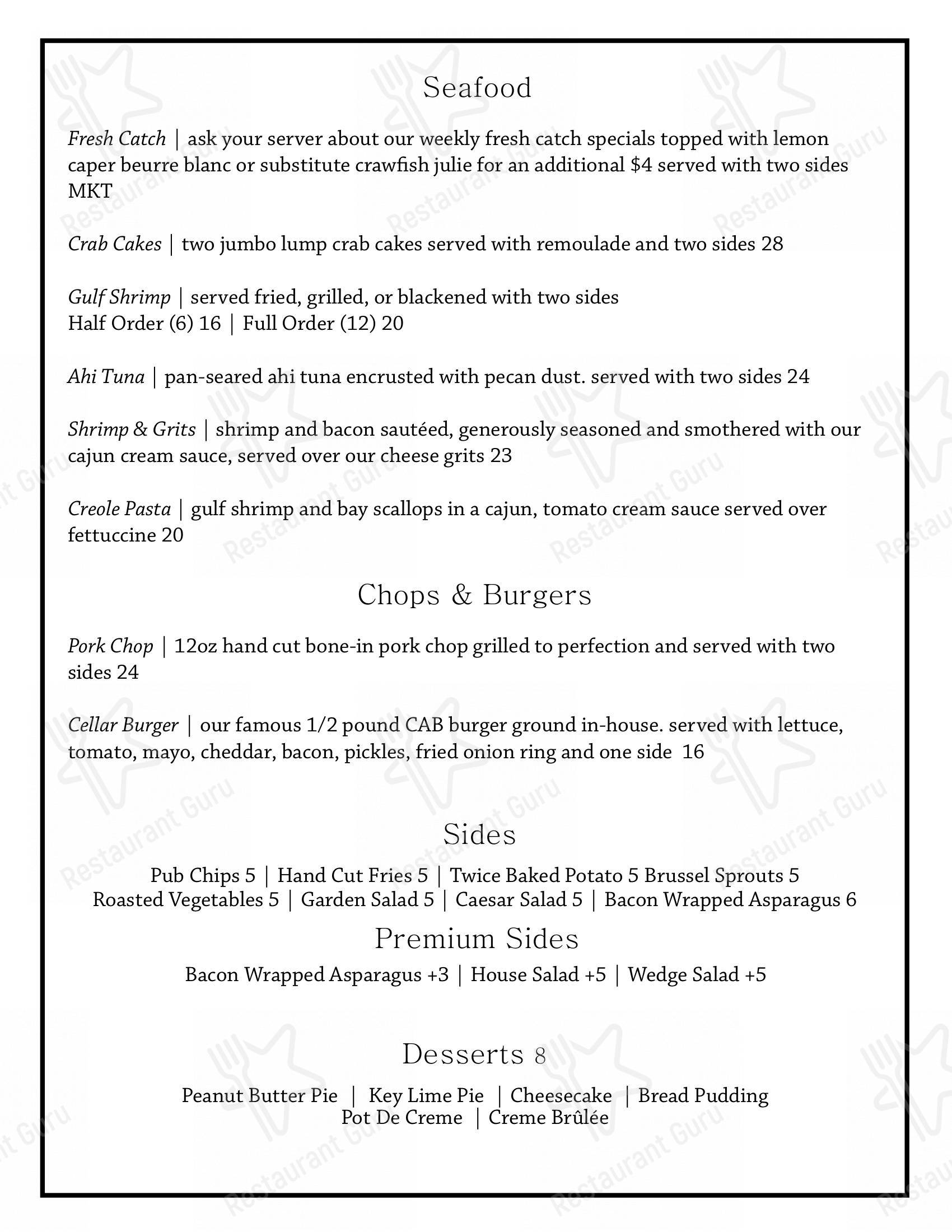 Menu at The Cellar steakhouse, Dothan