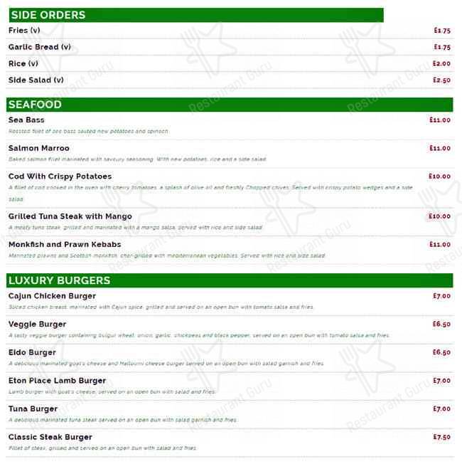 Menu at Eton Place restaurant, Liverpool, 258 Woolton Rd