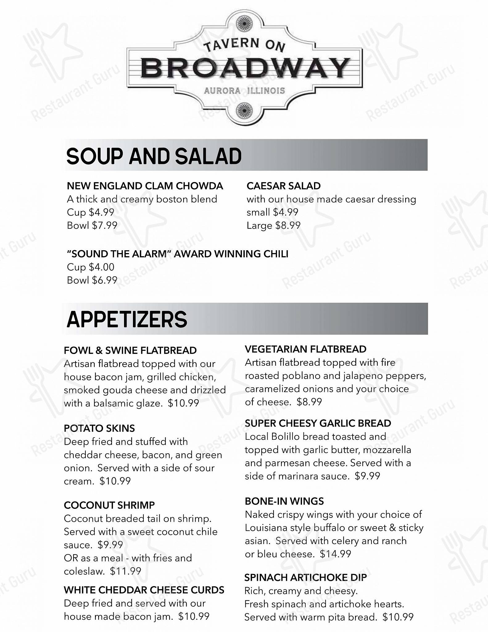 Menu at Tavern On Broadway restaurant, Aurora