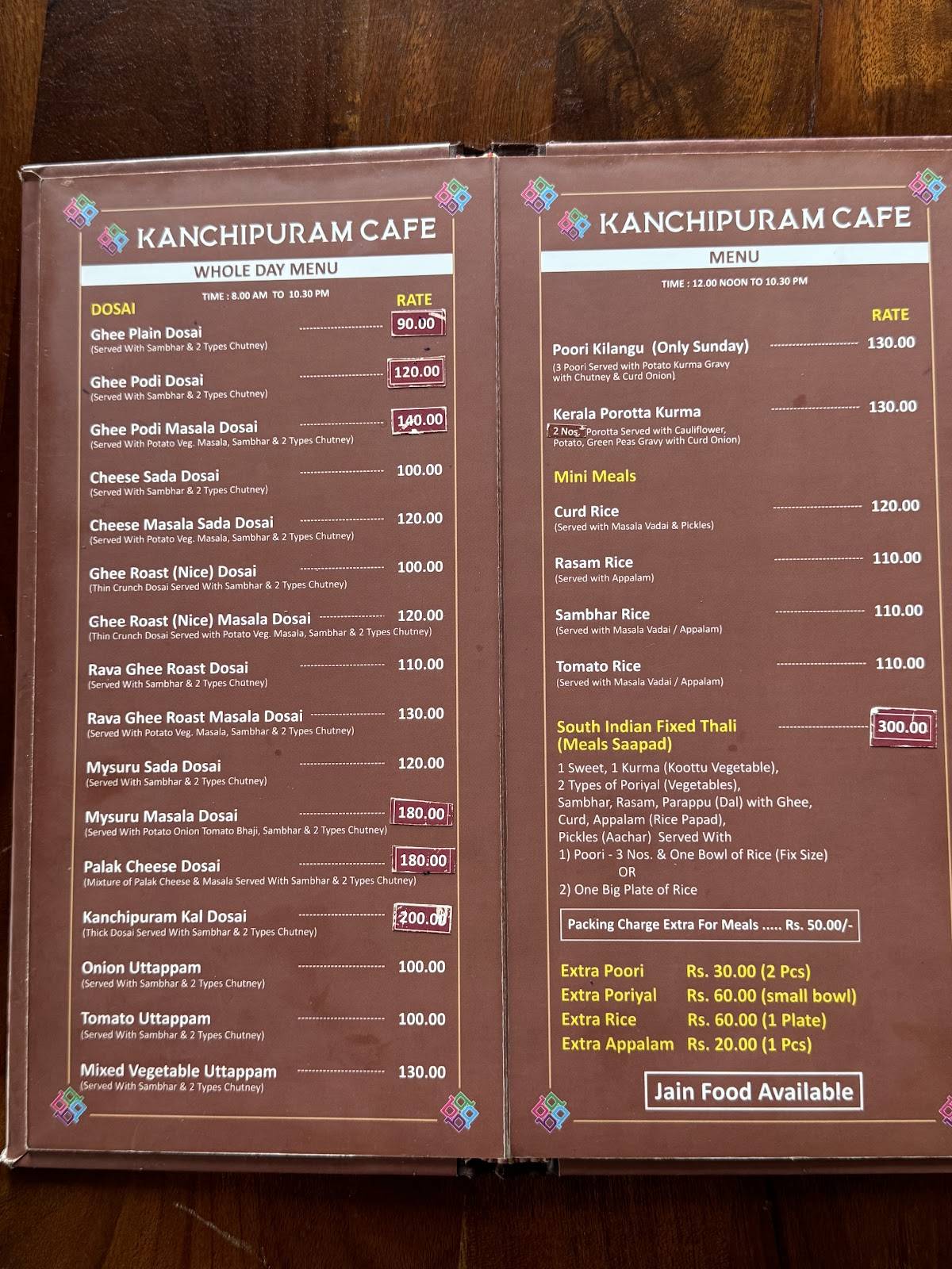 Kanchipuram Cafe menu