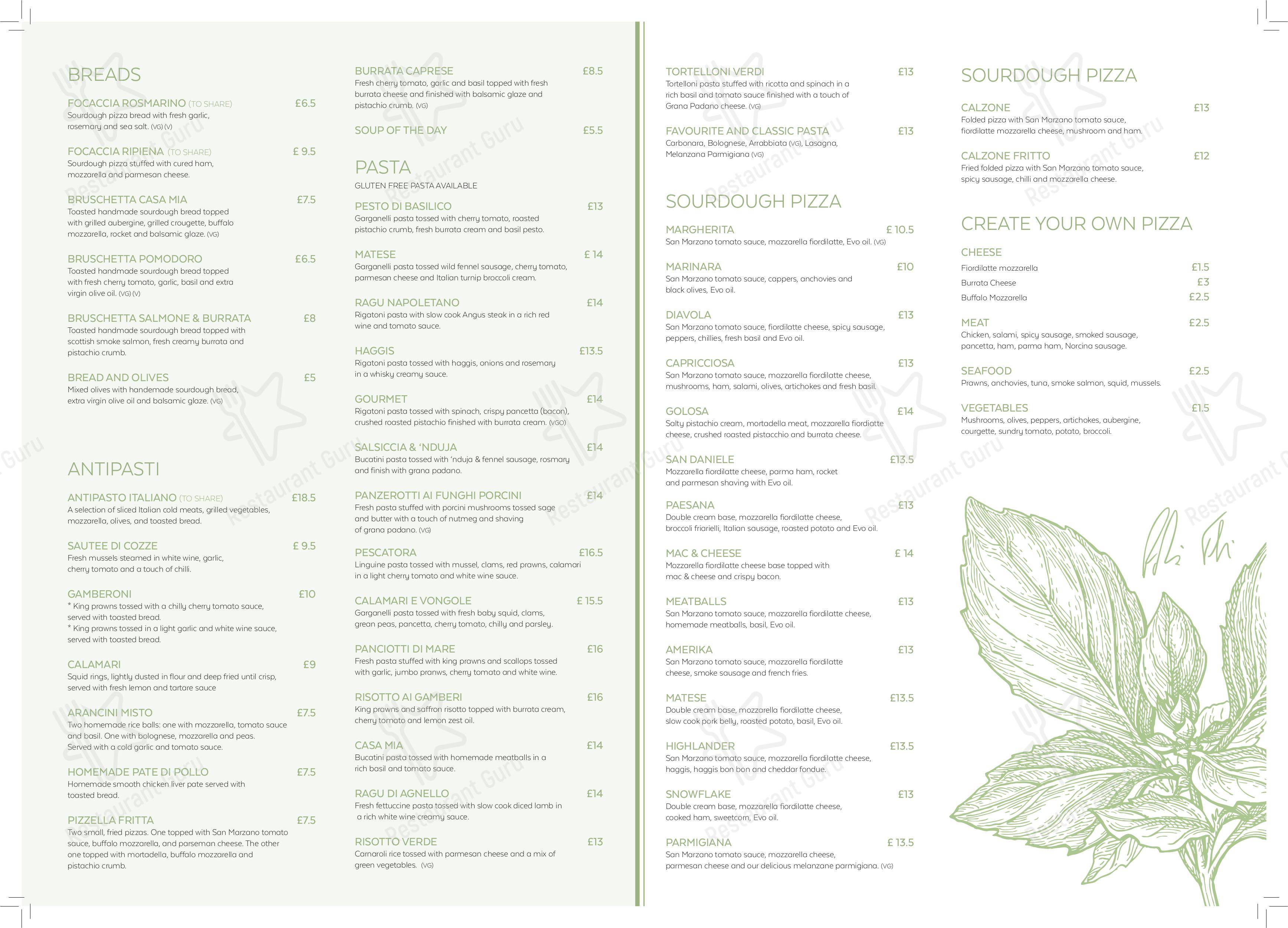 Menu at Casa Mia restaurant, Dunfermline