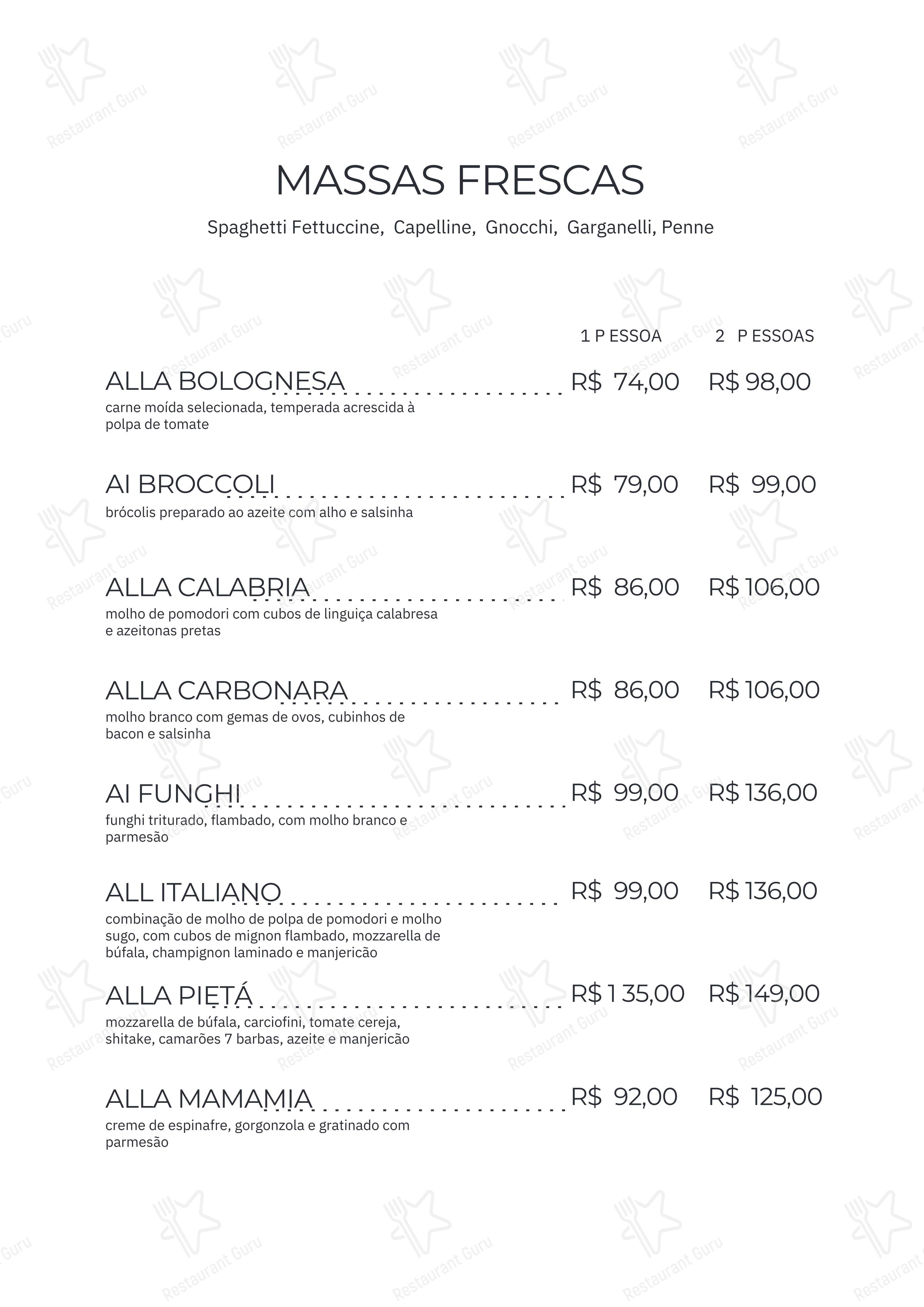 Menu para Artesanalli Massas & Molhos restaurante