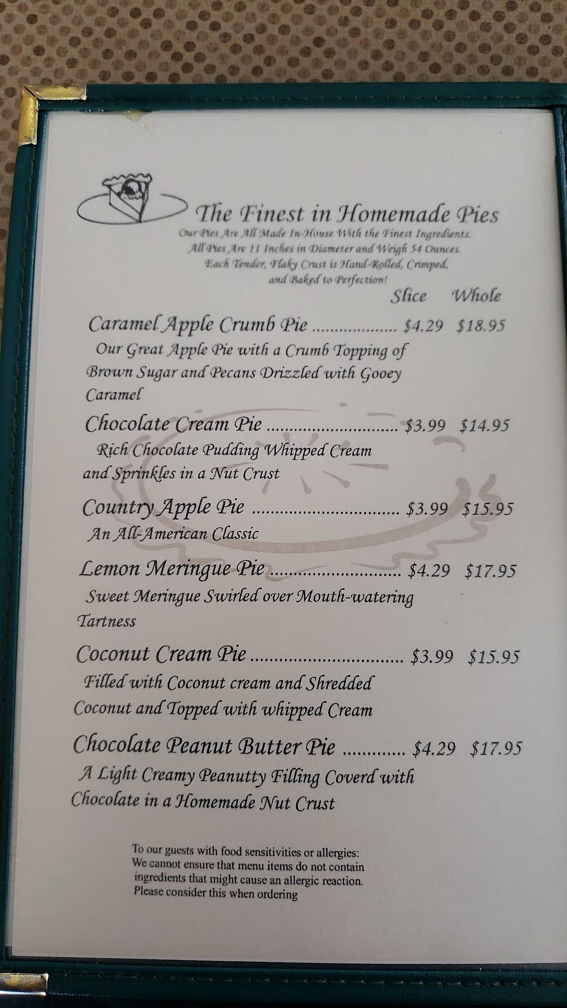 Menu at Bingham's restaurant, USA