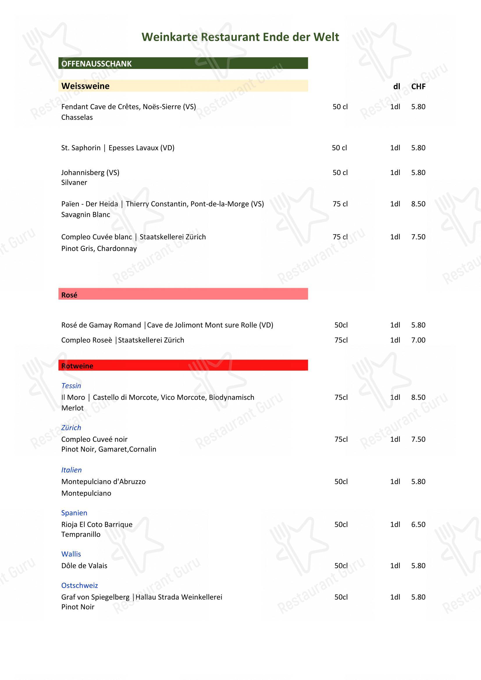 Takeaway Menu per Restaurant Ende der Welt ristorante