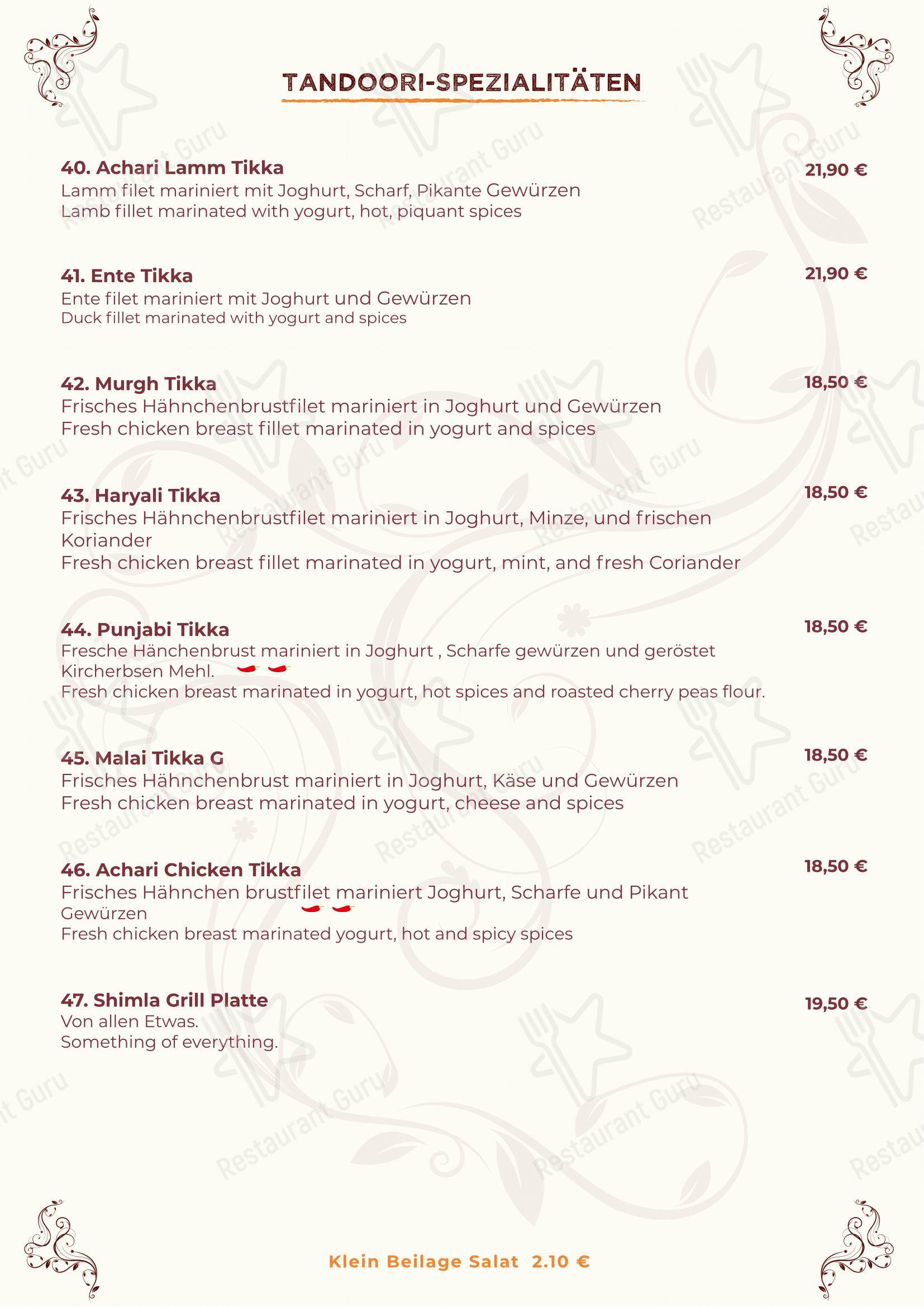 Menu bar pour Indisches Spezialität Restaurant Shimla Germering restaurant