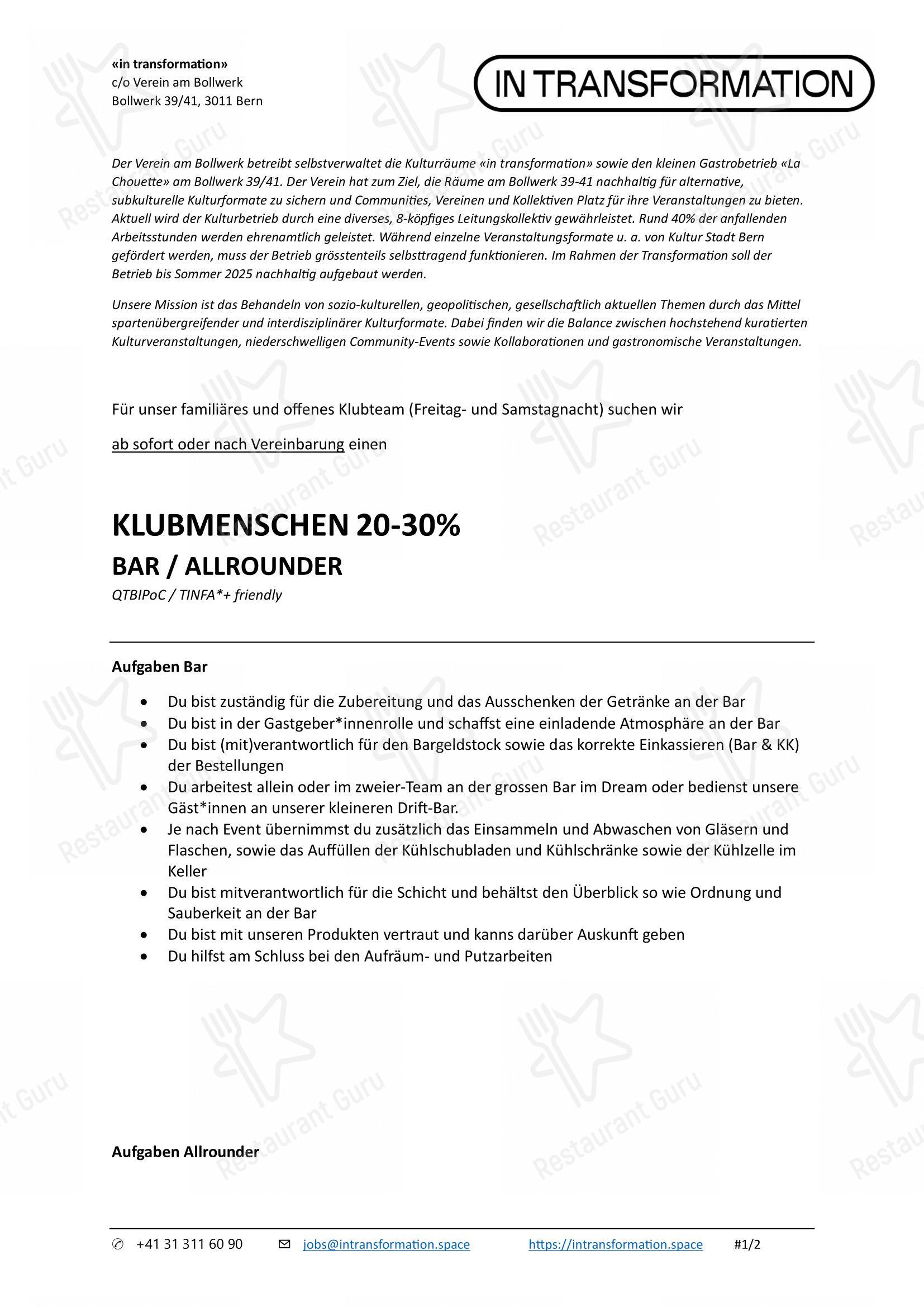 Kapitel Bollwerk Clubkultur & Gastronomie in Berna - Menu