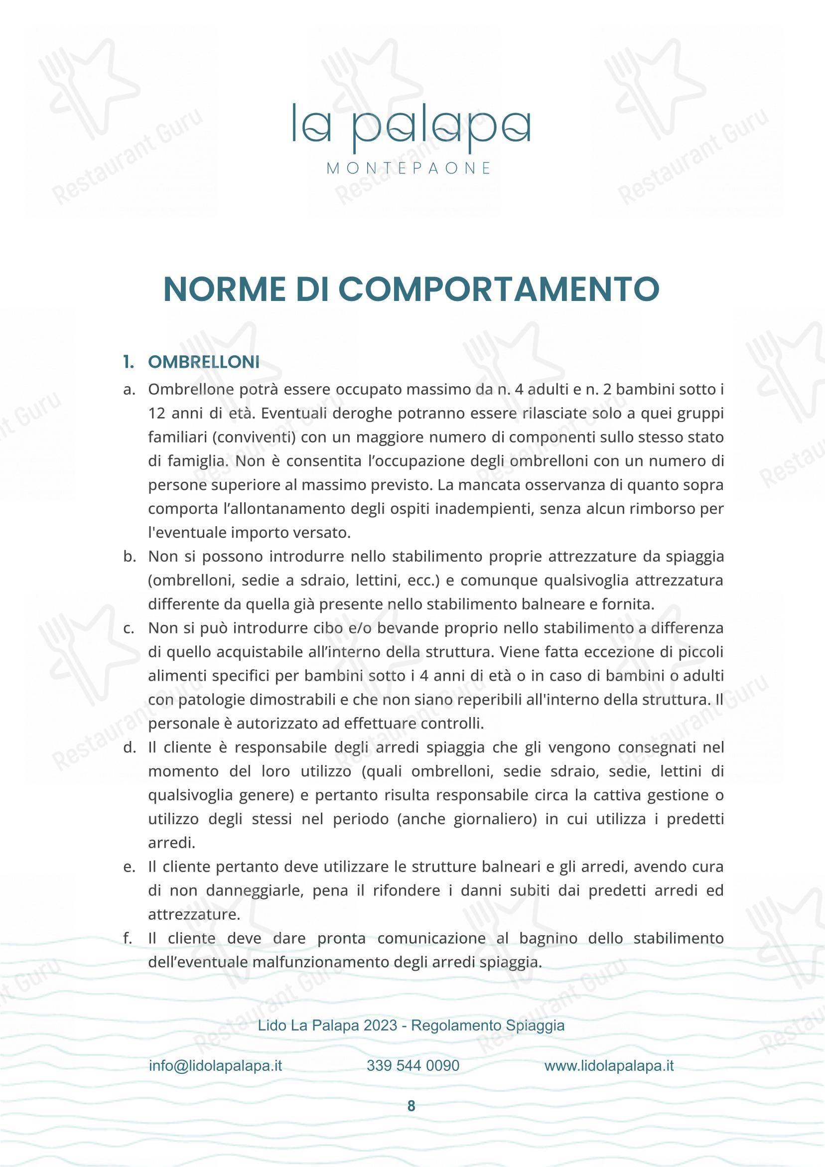 Menu per La Palapa in Montepaone Lido