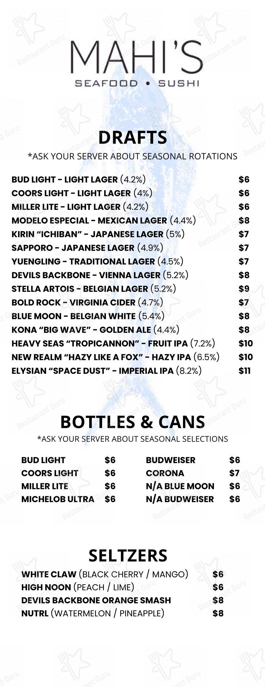 Menu at Mahi's restaurant, Virginia Beach