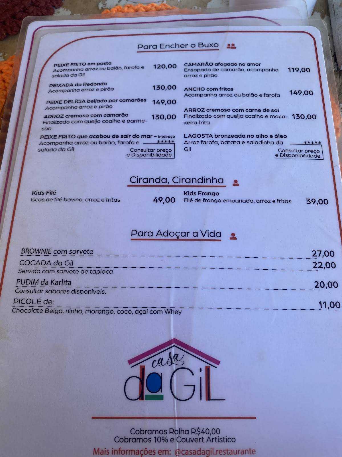 Restaurante Casa da Gil cardápio