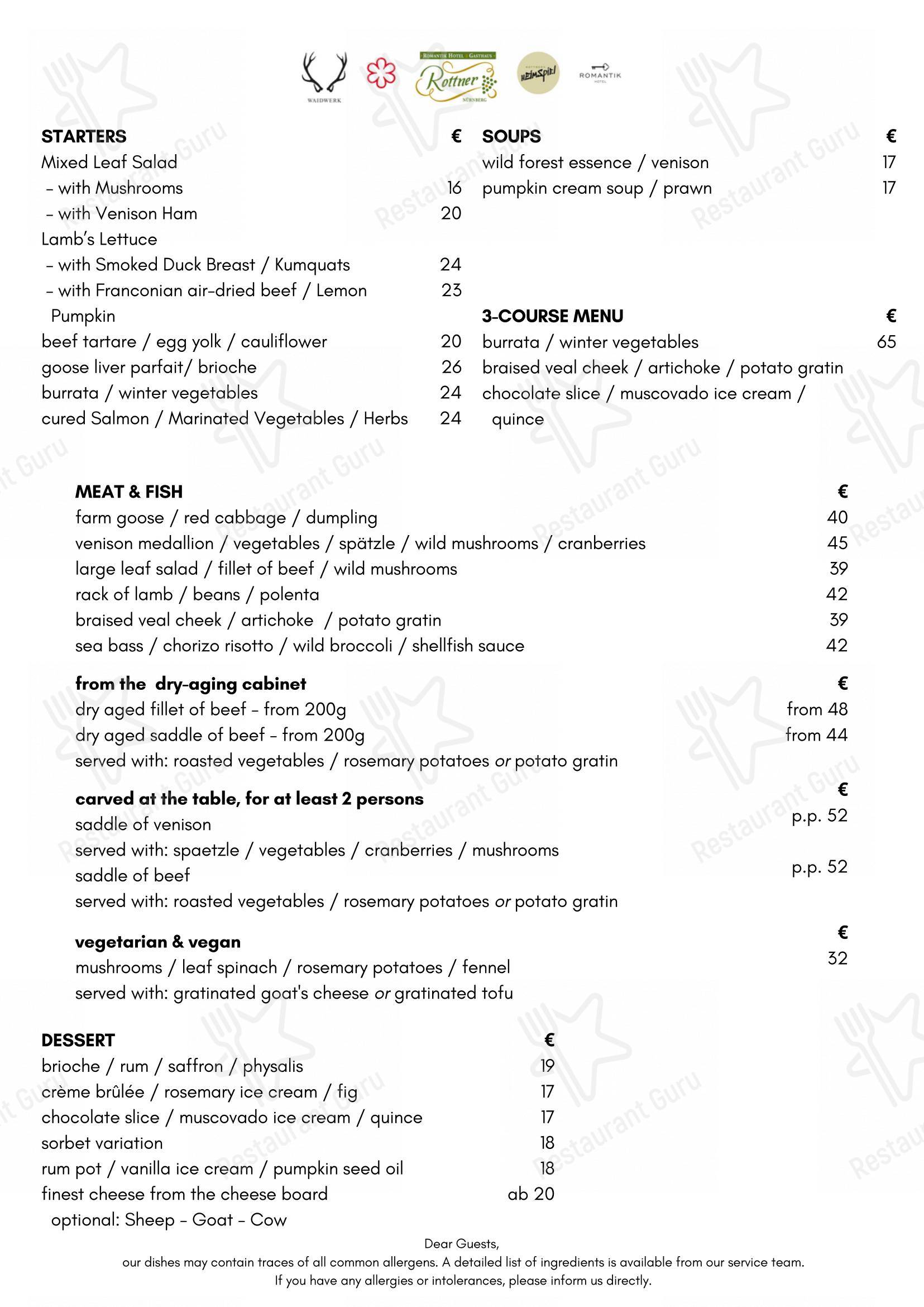 Romantik Hotel Gasthaus Rottner dans Nuremberg - Menu