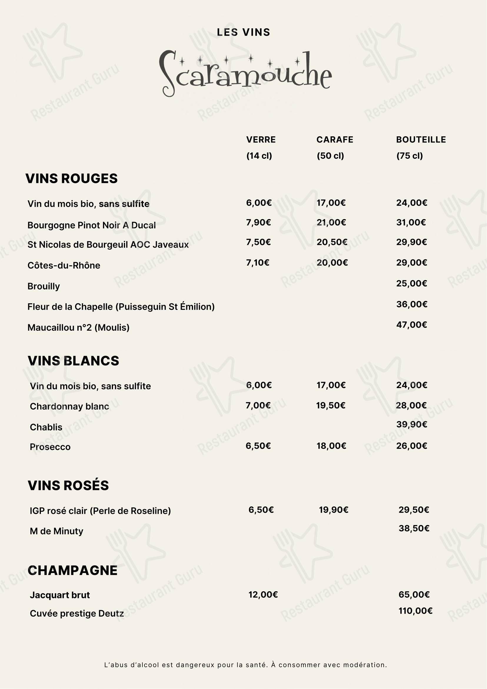 Menu pour SCARAMOUCHE restaurant