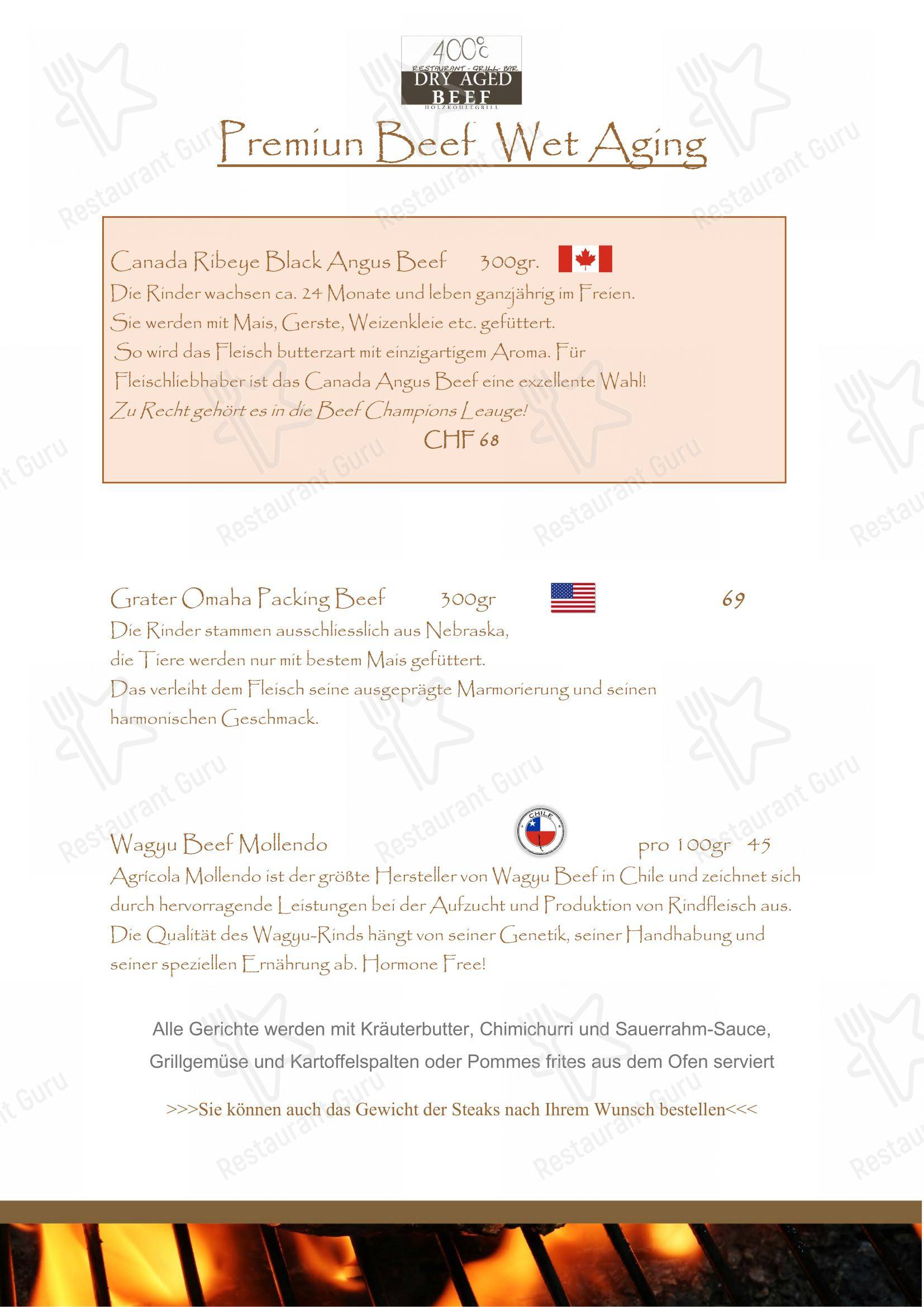 Menu per Steakhouse 400°c Dry Aged Beef Holzkohlegrill ristorante