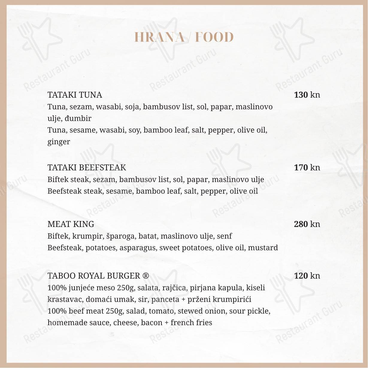 Menu di Taboo beach club Split - Menu