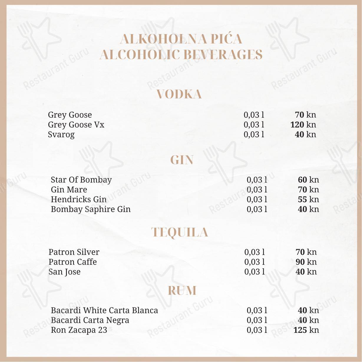 Menu per Taboo beach club Split in Spalato