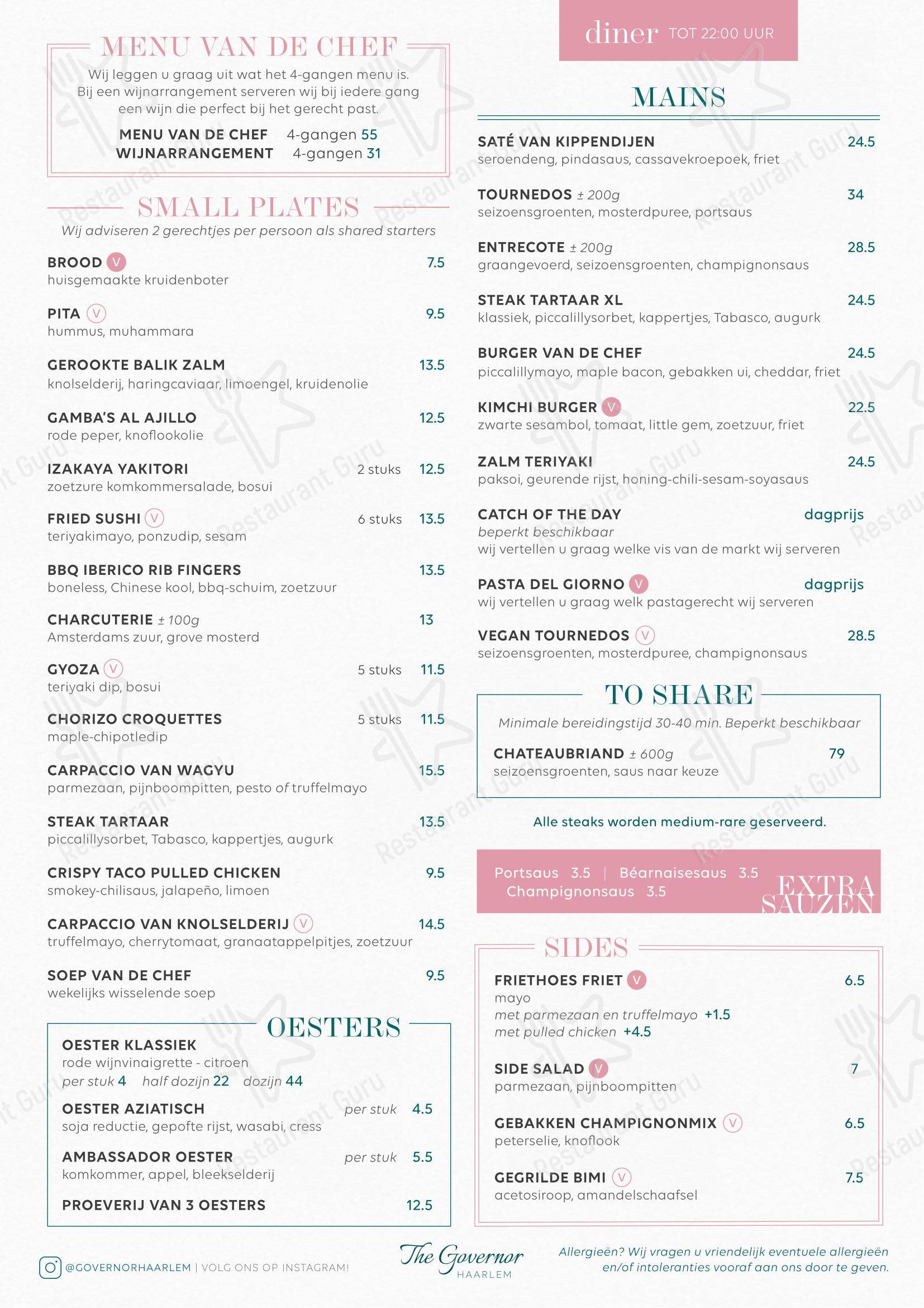 Dinner Menu pour The Governor restaurant