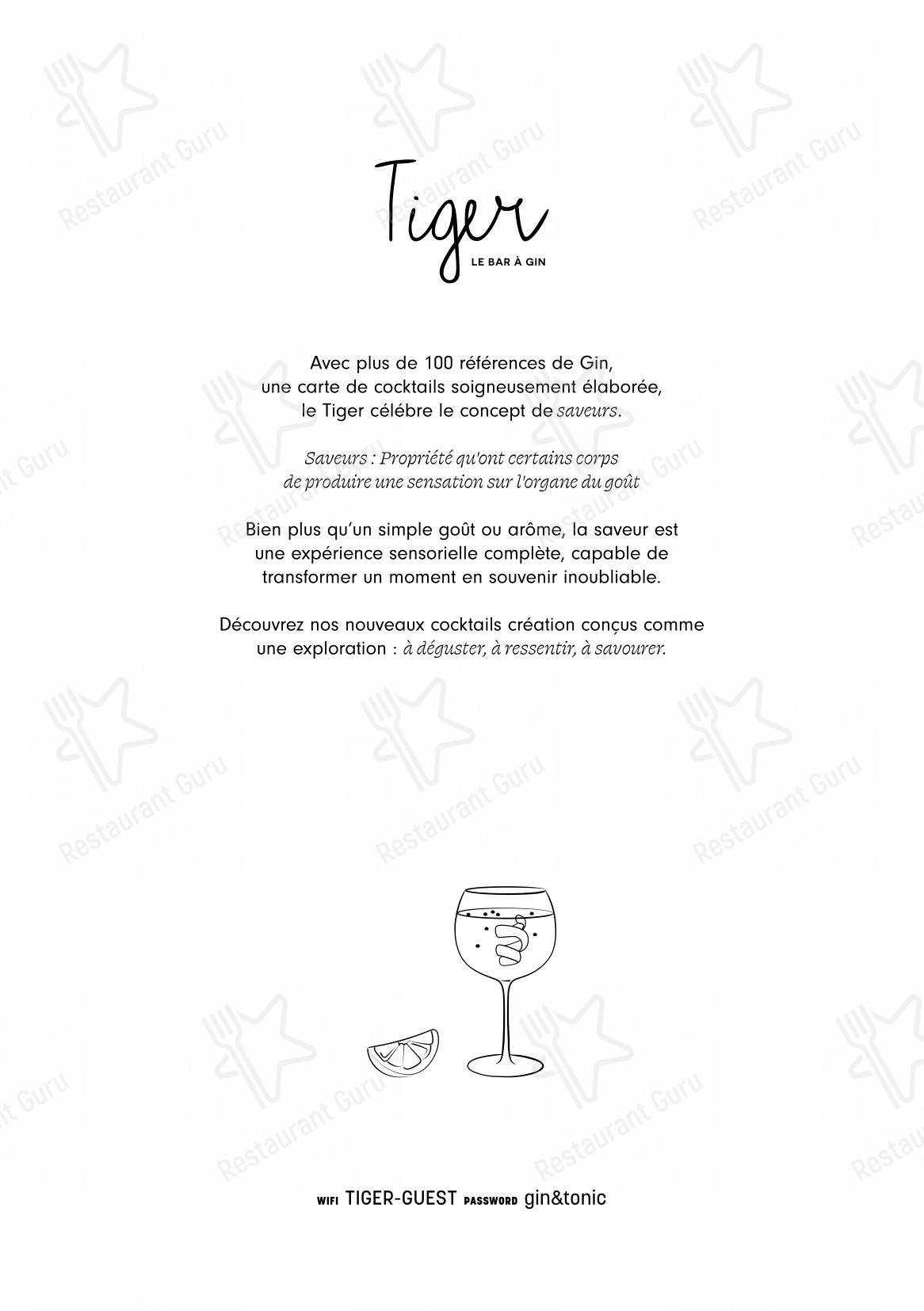 Menu pour Tiger Paris - Menu