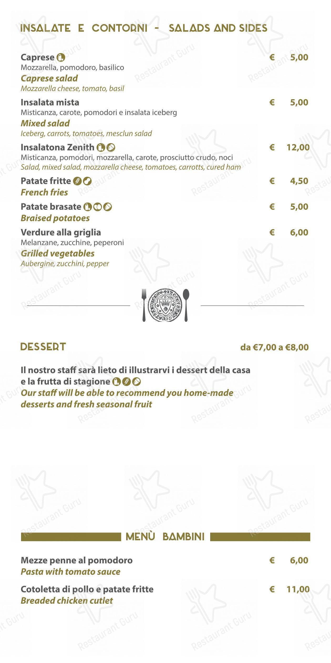 Menu di Zenith Ristorante Pizzeria Enoteco - Menu bar