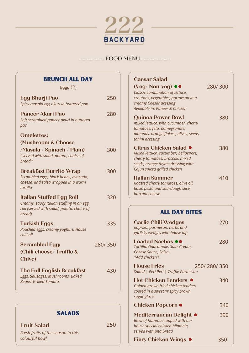 222 Backyard menu