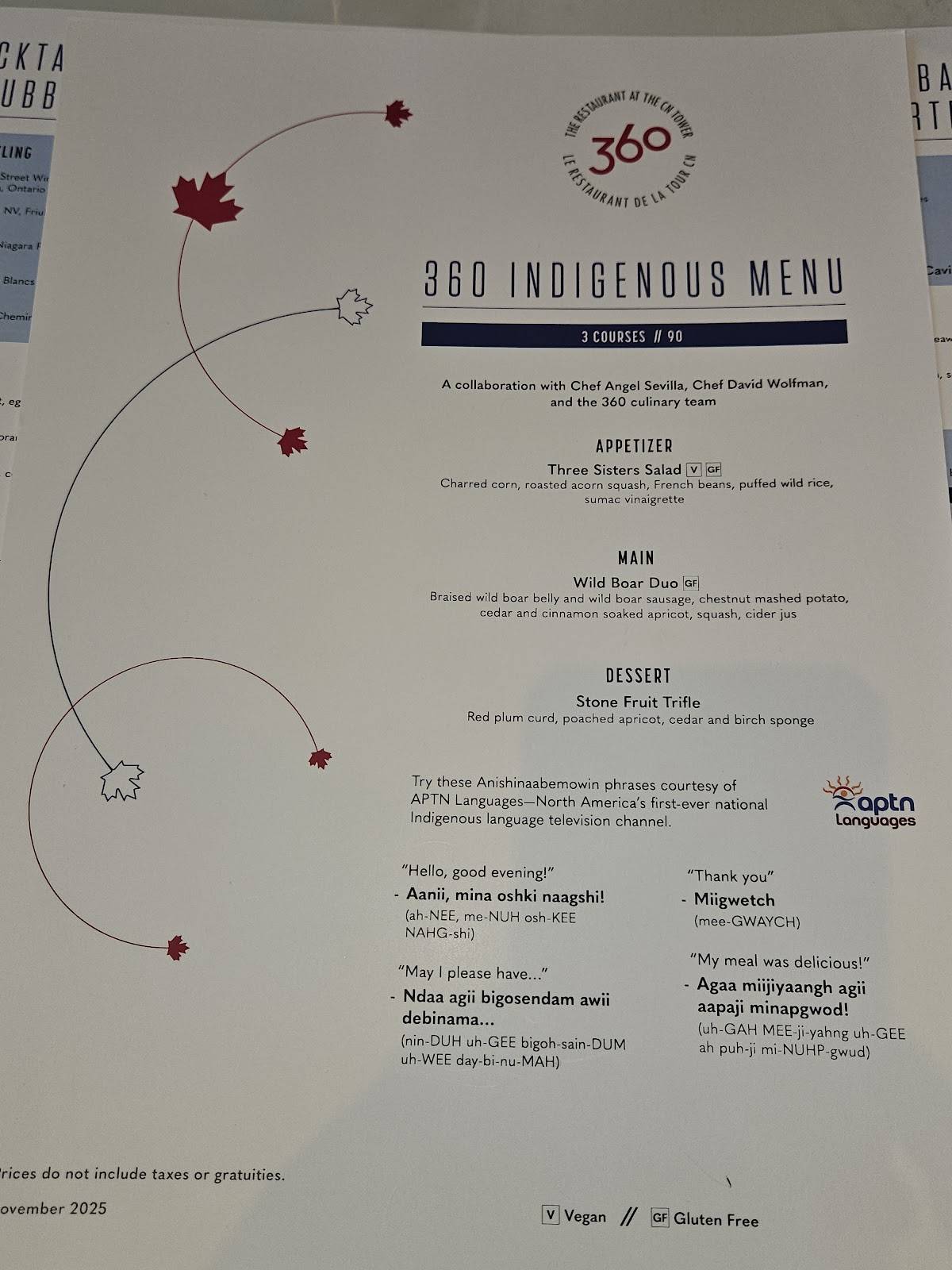 Menu de Restaurant 360 de la Tour CN