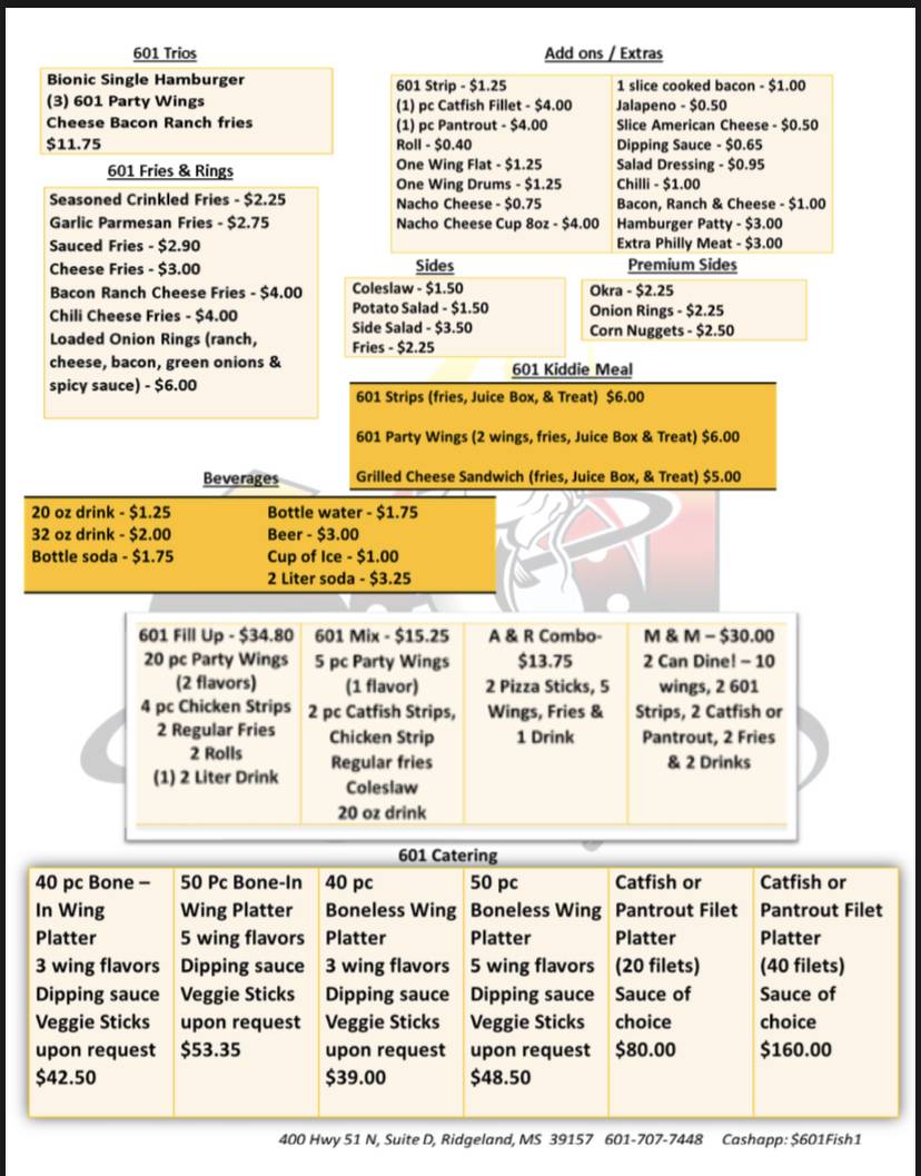 Menu at 601 Fish & Wings Express LLC restaurant, Ridgeland