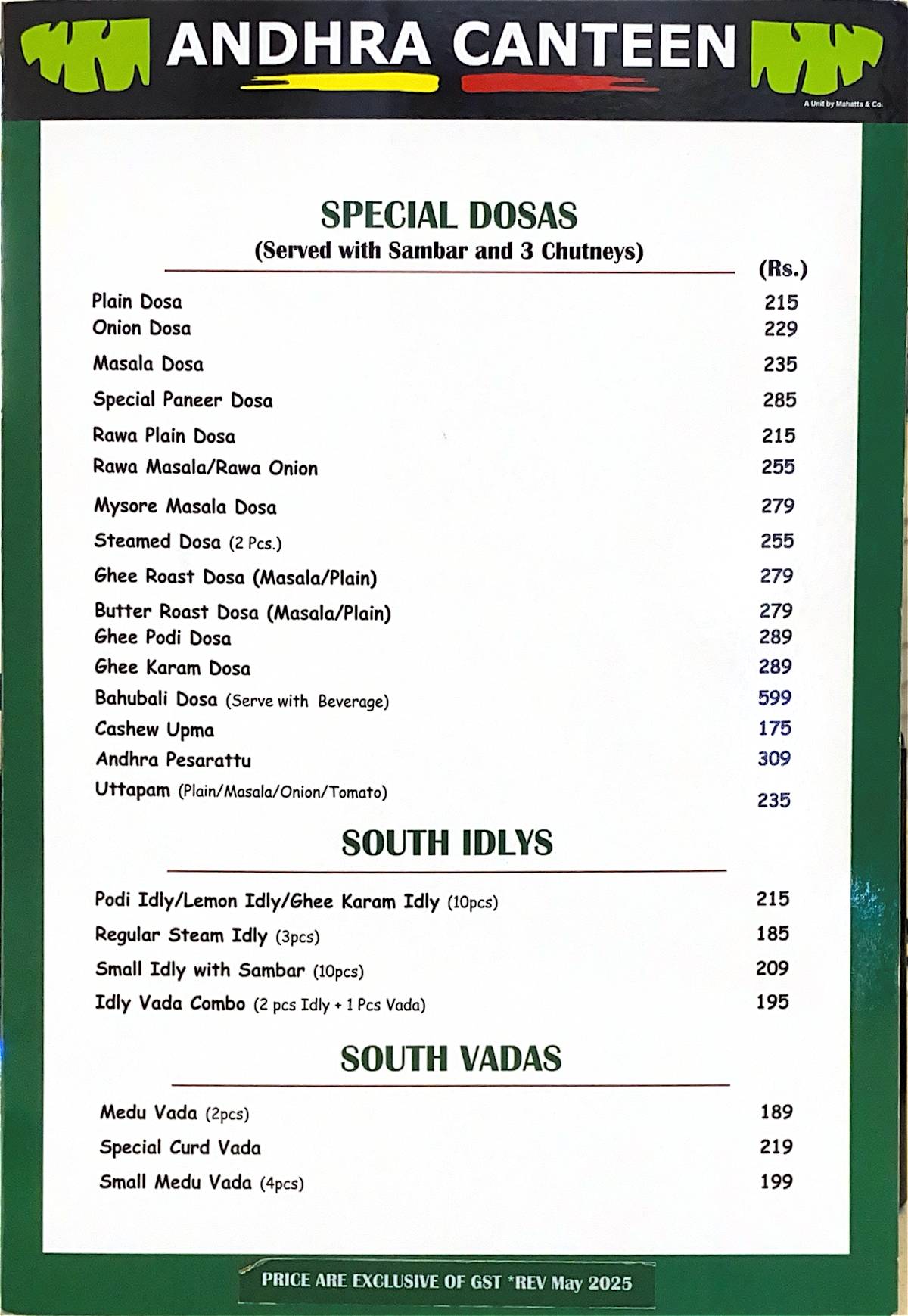 ANDHRA CANTEEN menu