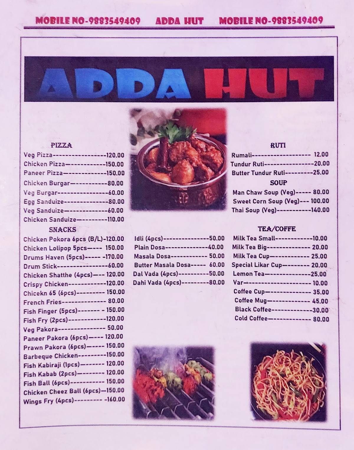 Adda Hut menu