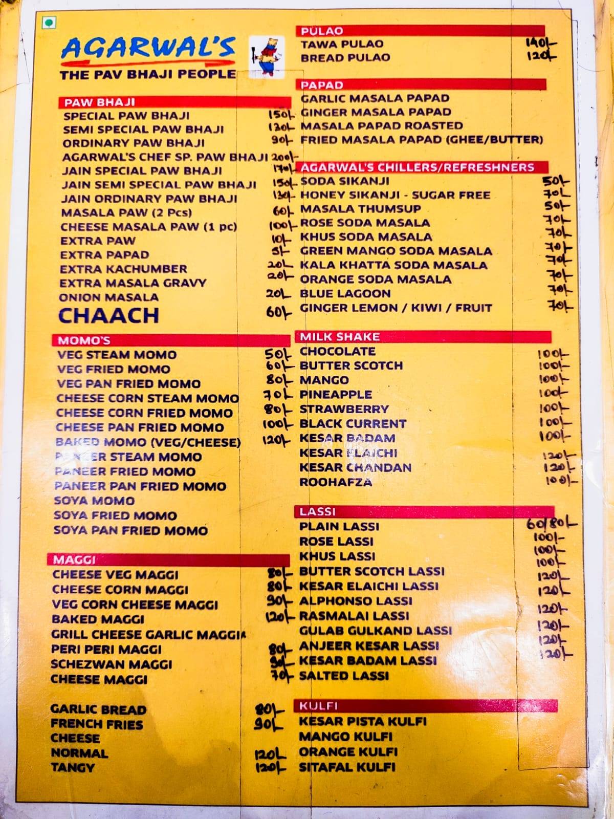 Agarwal's Pav Bhaji - The Pav Bhaji People menu