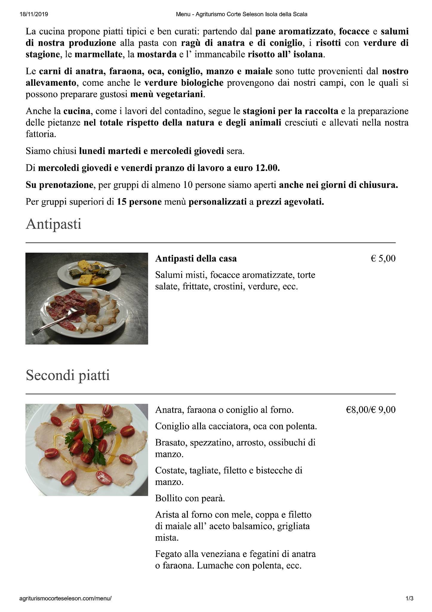 Menu di Agriturismo Corte Seleson 