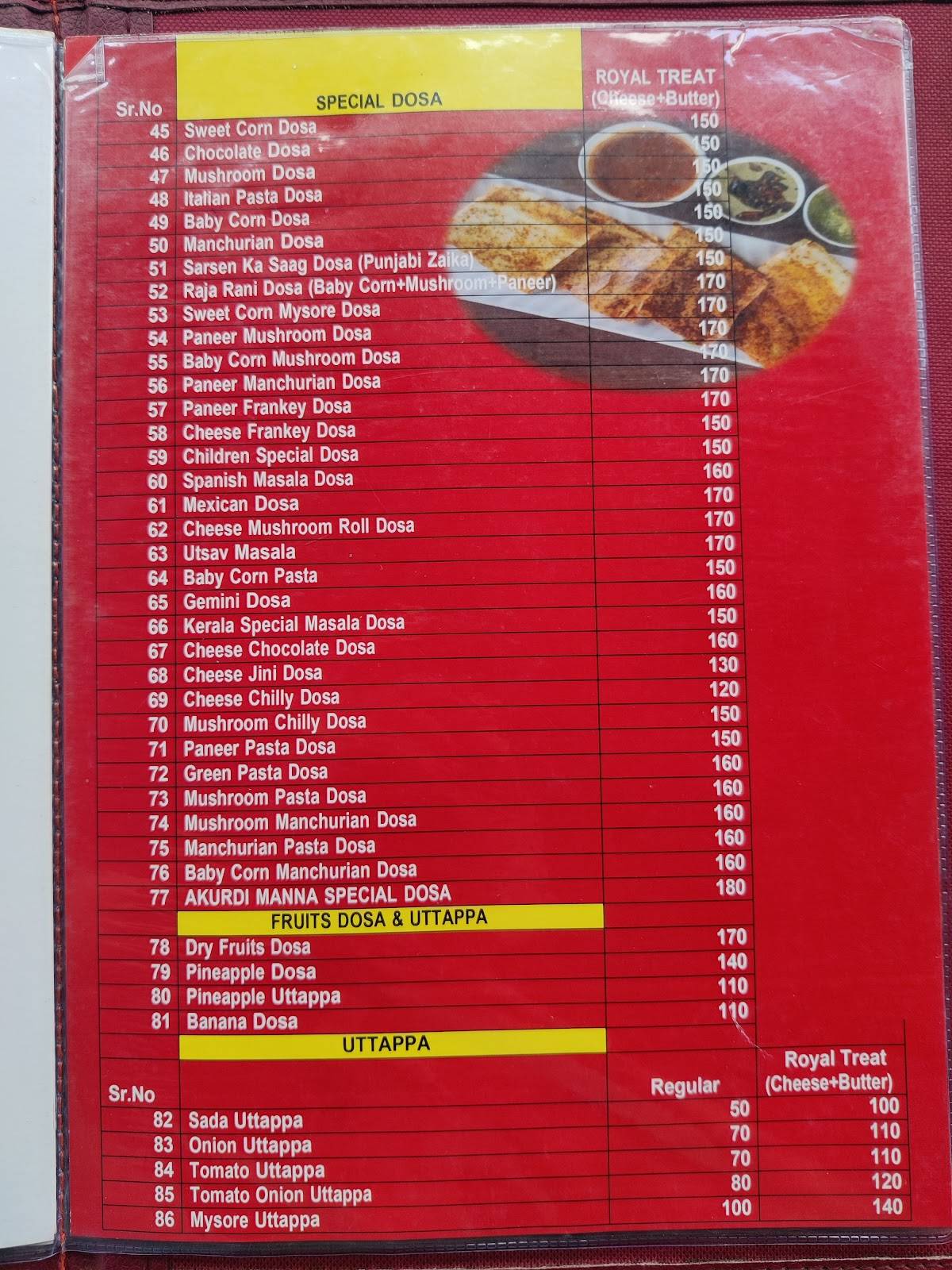 AkurdiManna Dosa Magic menu