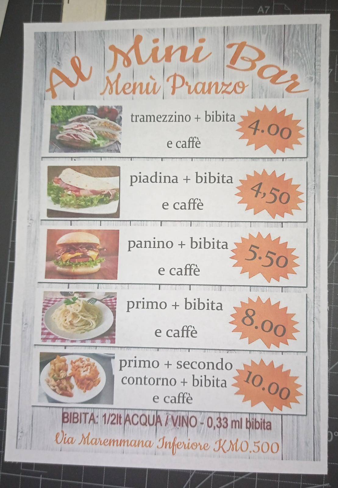 Menu da Al Mini Bar, Tivoli