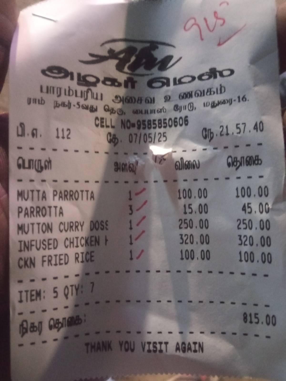 Alagar Mess menu