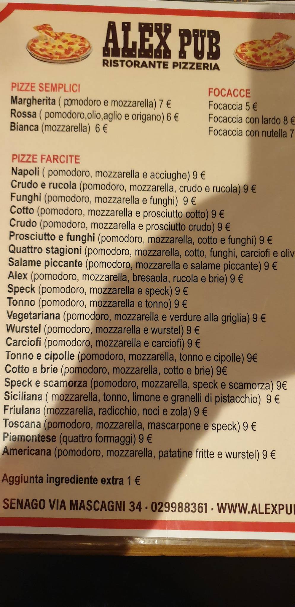 Menu di Alex Pub Ristorante Pizzeria Grill 