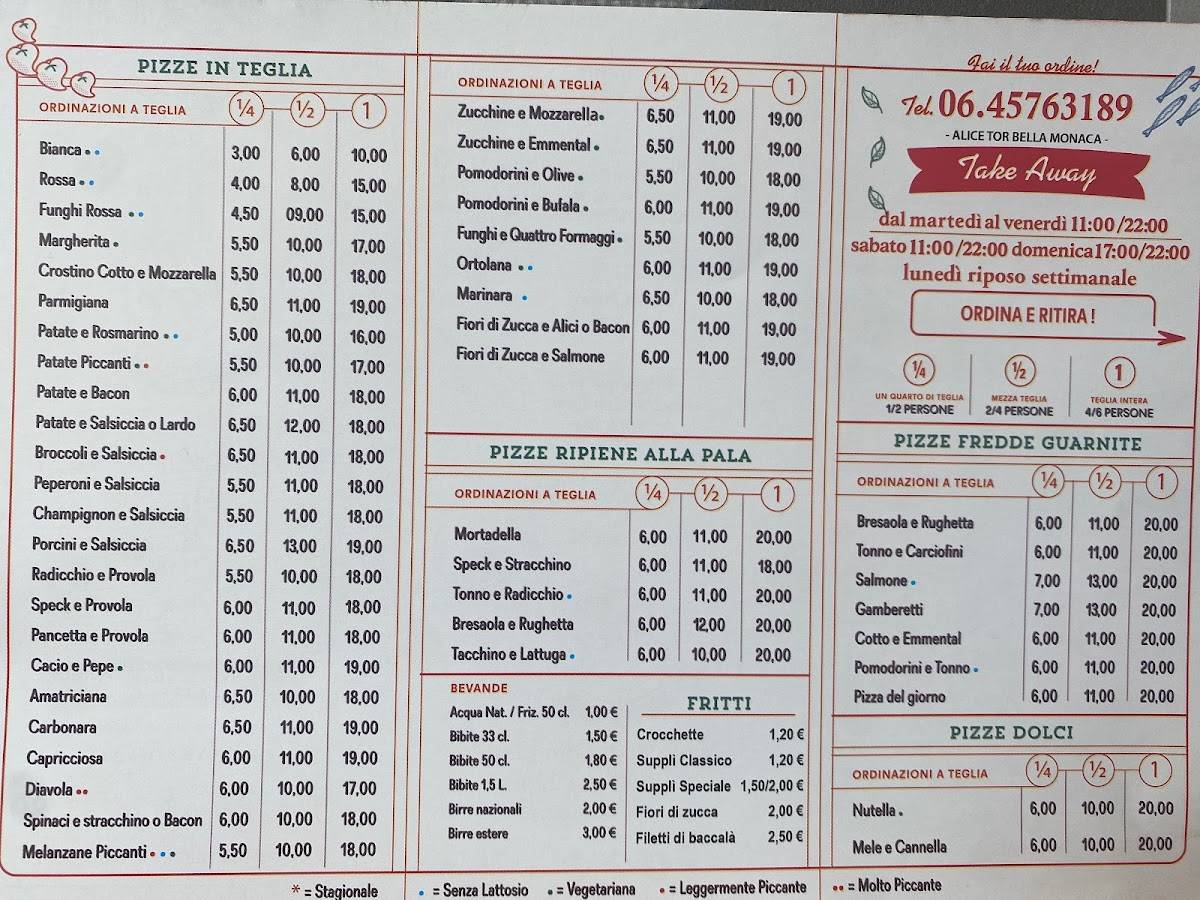 Menu di Alice Pizza Tor Bella Monaca 