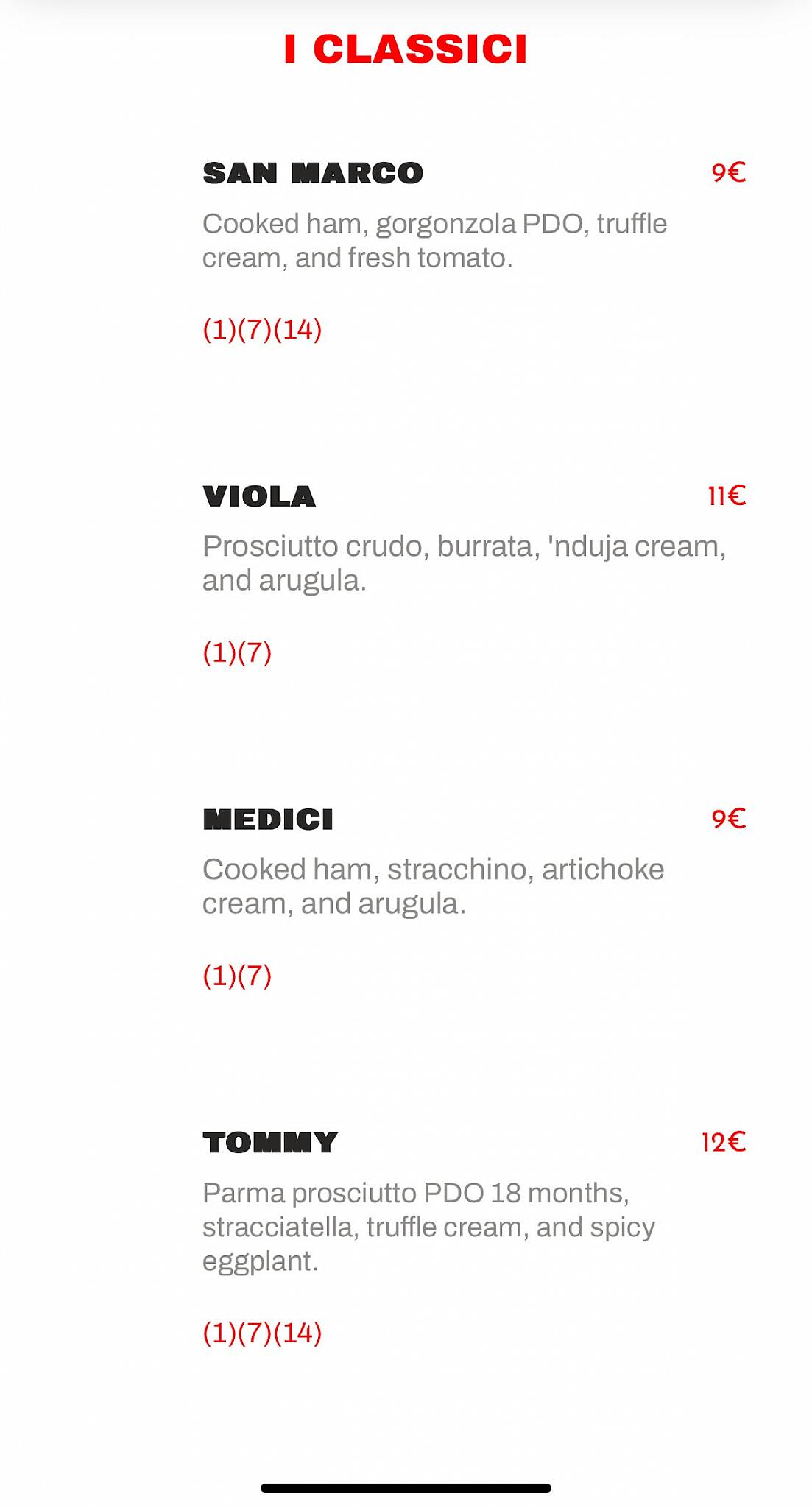 Menu di All'Antico Vinaio 