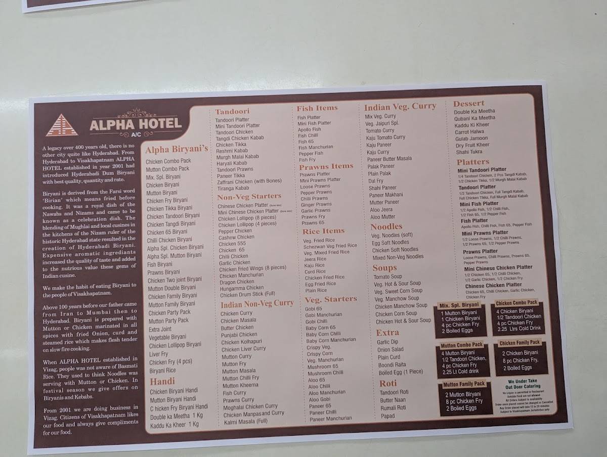 Alpha Hotel menu